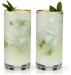 Viski Meridian Highball Glasses Set of 2 - Vintage Drinking Glass, Art Deco Ripple Glassware Design, 15oz Gold Rimmed Collins Glasses Set