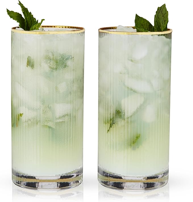 Viski Meridian Highball Glasses Set of 2 - Vintage Drinking Glass, Art Deco Ripple Glassware Design, 15oz Gold Rimmed Collins Glasses Set
