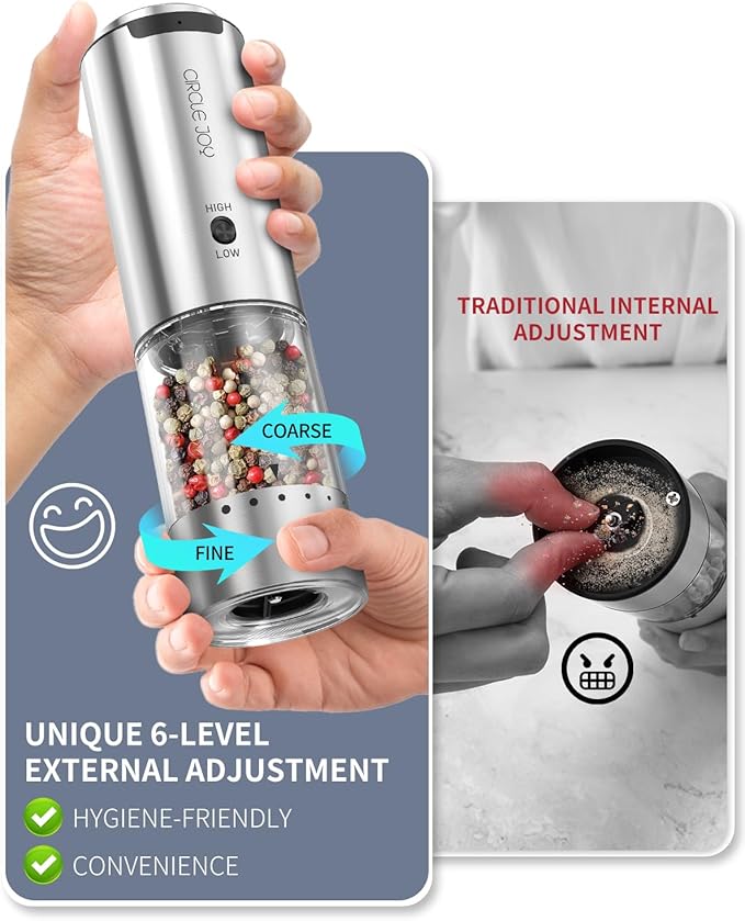 CIRCLE JOY Electric Salt and Pepper Grinder Set Stainless Steel Rechargeable Salt and Pepper Grinder Set, Variable Grinding Speed, External Adjustable Coarseness, Storage Base, White LED Light, Silver