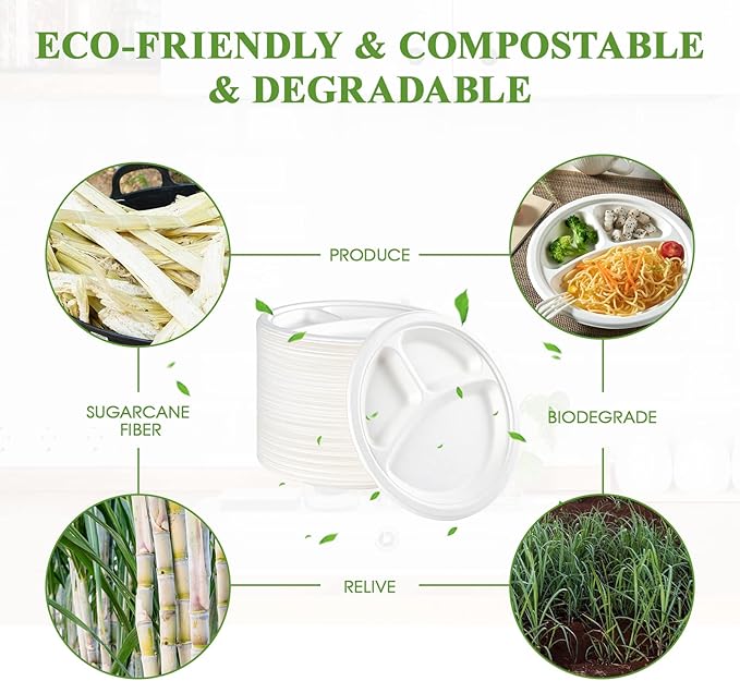 Vplus 100% Compostable Paper Plates, 150 Pack 9 Inch 3 Compartment Plates Disposable, Heavy Duty Biodegradable Plates Made of Sugar Cane Fibers, for Daily meals, Dinner, Parties, BBQ