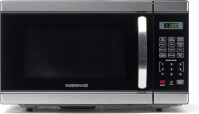 Farberware 1.1 Cu. Ft. Countertop Microwave Oven – 1000 Watt Power, Auto Cook Settings, Defrost, Easy Clean and Child Safety Lock - Stainless