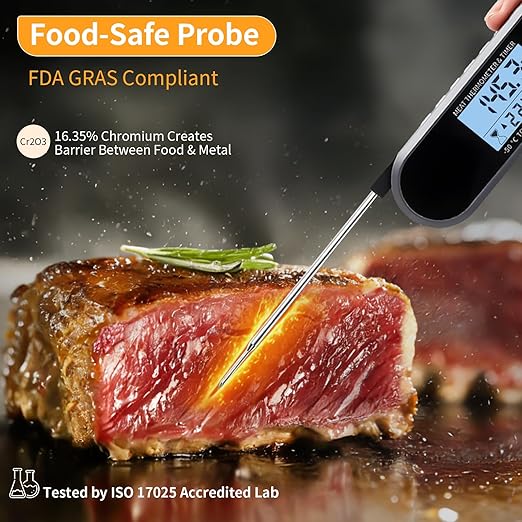 Meat Thermometer Digital with Countdown & Timer for Kitchen and Outside, Beef, BBQ, Turkey, Candy. with Foldable Probe - FDA-Compliant Chromium Content and Backlight