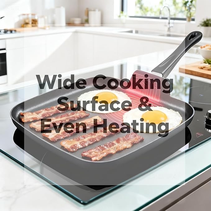 Nonstick Square Griddle Pan for Pancakes Eggs Bacon, 11 inch Family Breakfast Griddle. Aluminum Flat Top Griddle Pan for Gas Electric Stove, Even Heat Distribution Warp-Proof Easy Clean