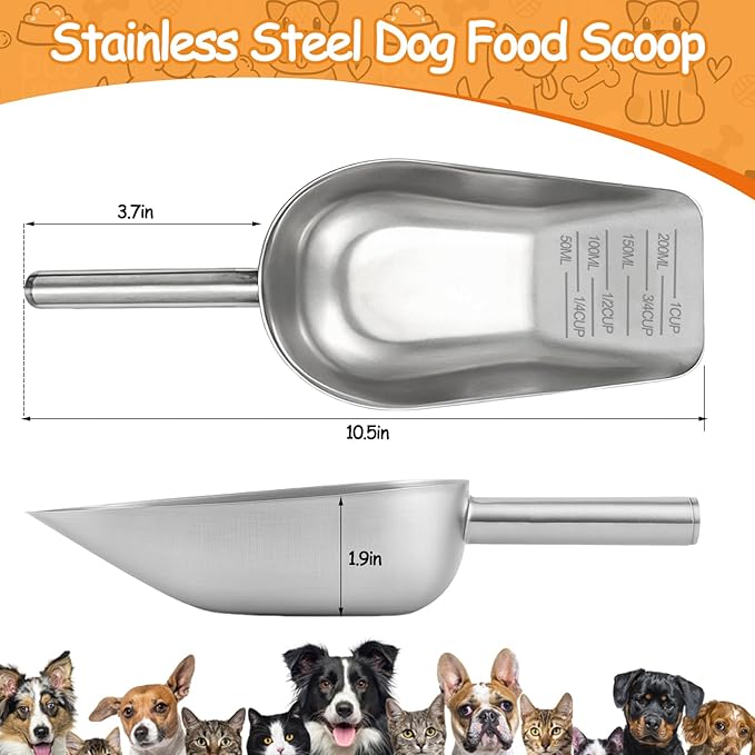 Palksky Dog & Cat Food Scoop, 1 Cup Stainless Steel Pet Food Measuring Cup with Long Handle, Precision Scale, Easy to Clean for Wet or Dry Food, 2 Packs