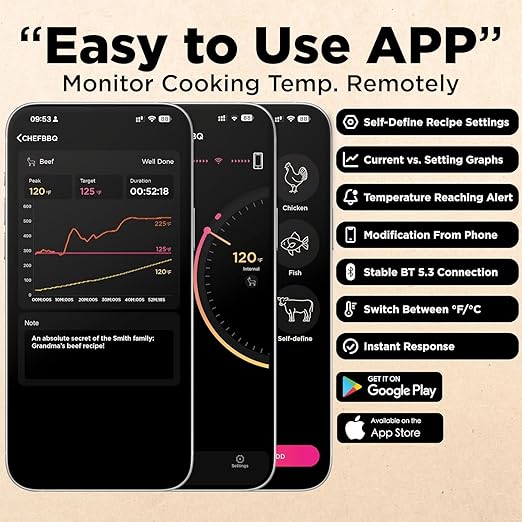 Wireless Meat Thermometer with Digital Meat Probe, Measures Internal & Ambient Temp, 800FT Bluetooth Meat Thermometer with Host Control for Barbecue, Outdoor Grilling, Oven & Smoker (Red)