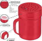 CUSINIUM 10oz Red Stainless Steel Salt Pepper Dredge Shakers - With Plastic Cap - With Handle - Pack of 2