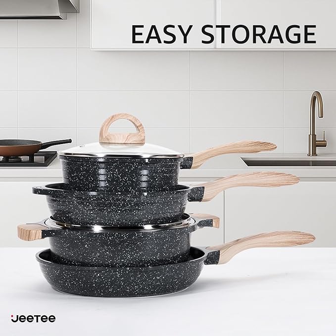 JEETEE 24Pcs Ceramic Cookware Set, Gray Pots and Pans Set Non Stick, Kitchen Healthy Non Toxic Induction Cookware Sets W/Saucepans, Sauté Pan, Griddle, Crepe Pan & Pancake Rake (PFAS,PFOA Free)