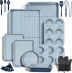 Ammeloo 22-Piece Baking Pans Set Stackable Bakeware Non Stick Baking Set Non Toxic Oven Pans, Including Roasting Pan, Cookie Sheets, Muffin Pans, Cake Pans, Oven Mitts and Utensils(Gray & Navy Blue)