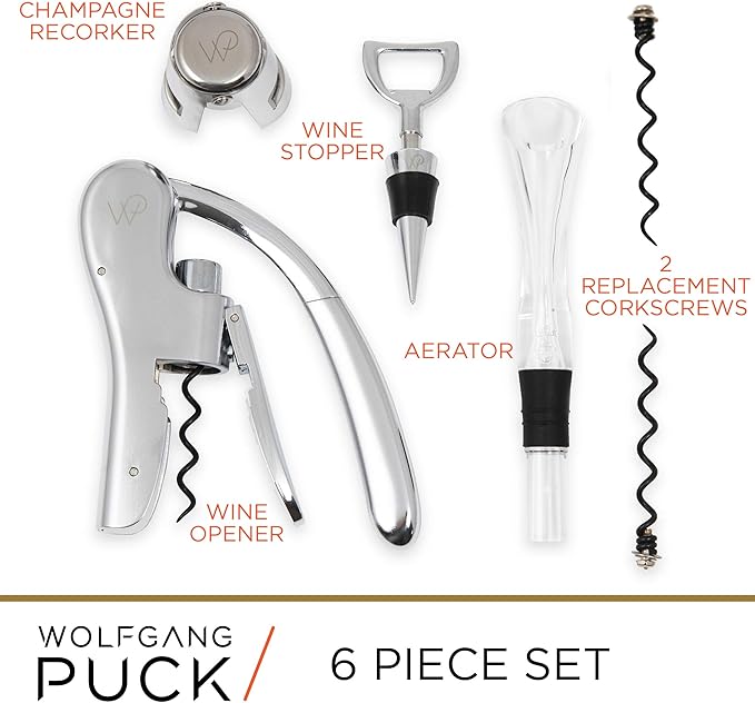 Wolfgang Puck 6-Piece Wine Tool Set with Wine Opener, Aerator, Wine Stopper, and Champagne Recorker, 2 Replacement Corkscrews, Chrome Finish, Arrives in Gift Box