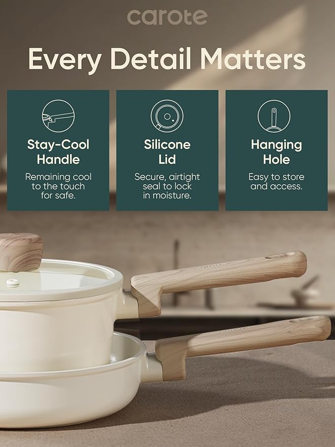CAROTE 16pcs Ceramic Cookware Sets, Pots and Pans Set Non Stick, Healthy Cookware Set, Induction Kitchen Pots and Pans, PFAS/PFOA Free