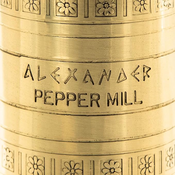 Alexander Home Original Greek Pepper Mill, 9-Inch Brass – European Manual Pepper Grinder, Refillable, with Polishing Cloth