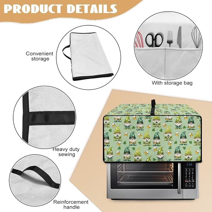 St. Patrick's Day Gnome Print Toaster Oven Cover, Clover Beer Pattern Anti Scratch Microwave Cover for Kitchen Countertop Appliance Dust Protector Decorative Oven Accessories, Green, S