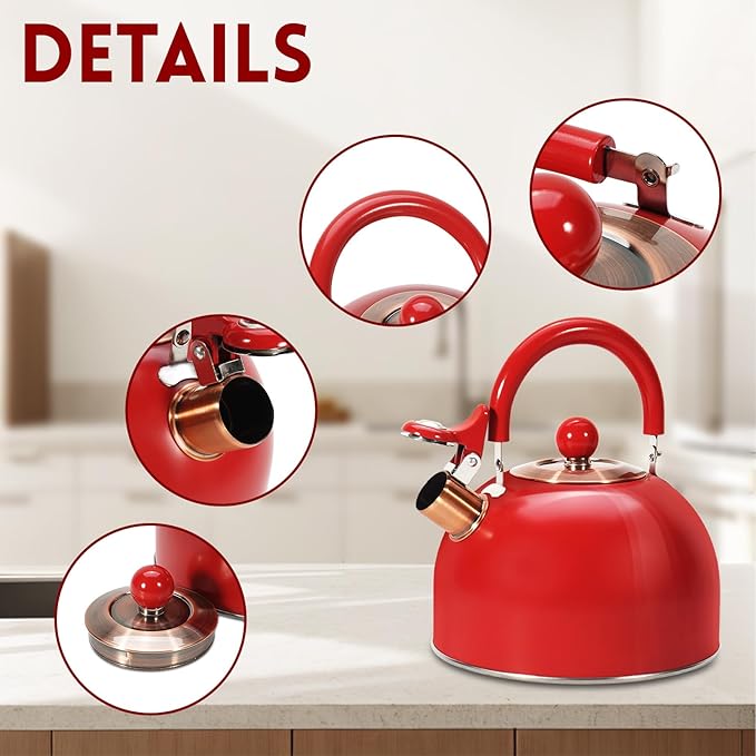 Tea Kettle,Whistling Tea Kettle Stovetop 2.6 Quart, Tea Pots for Stove Top Food Grade Stainless Steel,Wood Pattern Handle,Christmas Gift(Red),With Anti Scald Towel