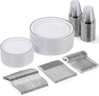 Goodluck 150 Pieces Silver Disposable Plates for 25 Guests, Plastic Party, Wedding, Dinnerware Set of Dinner Plates, Salad Spoons, Forks, Knives, Cups