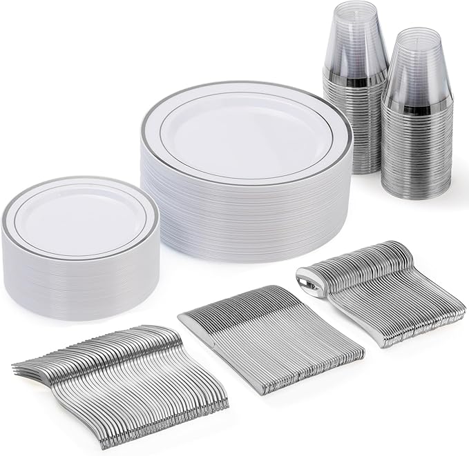 Goodluck 150 Pieces Silver Disposable Plates for 25 Guests, Plastic Party, Wedding, Dinnerware Set of Dinner Plates, Salad Spoons, Forks, Knives, Cups