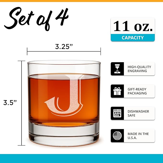 On The Rox (J-Monogram)- 4 Piece Set of 11 Ounce Engraved Heavy Base Rocks Glasses- Quality Elegant Glass-Multi-Purpose Beverage-Rocks Glass- Gift for any Occasion Drinks