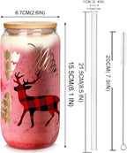Christmas Cups, 18oz Christmas Iced Coffee Glass Cups with Lids and Straws White Elephant Gifts for Adults Colorful Xmas Tree Elk Tumbler Drinking Glasses Christmas Teacher Gifts for Women Men