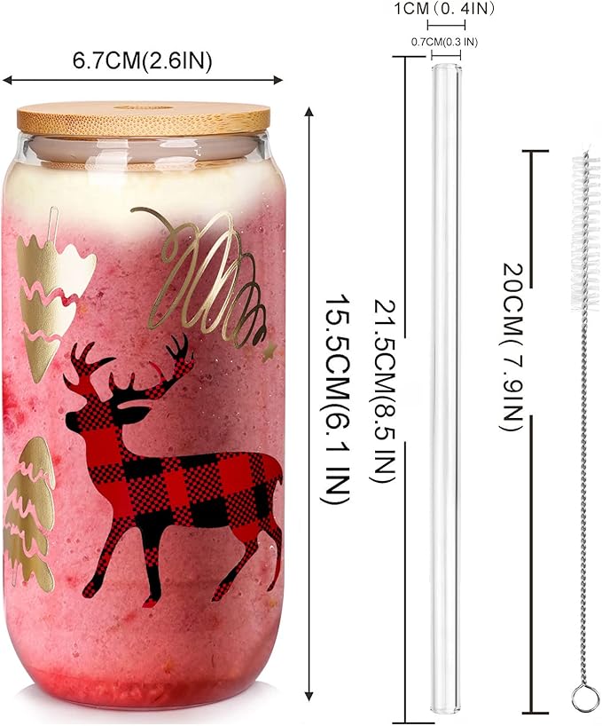 Christmas Cups, 18oz Christmas Iced Coffee Glass Cups with Lids and Straws White Elephant Gifts for Adults Colorful Xmas Tree Elk Tumbler Drinking Glasses Christmas Teacher Gifts for Women Men