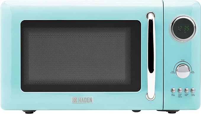 Haden 700 Watt 0.7 Cubic Foot Microwave Oven with Digital Controls, Defrost, and Instant Start Countertop Small Appliance, Turquoise/Chrome