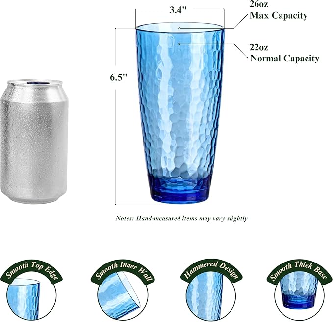 26oz Blue Acrylic Glasses Drinkware (Set of 6), Hammered Design Shatter-Proof Plastic Cups, Reusable Plastic Large Drinking Tumblers, Stackable, BPA-Free, Dishwasher-Safe