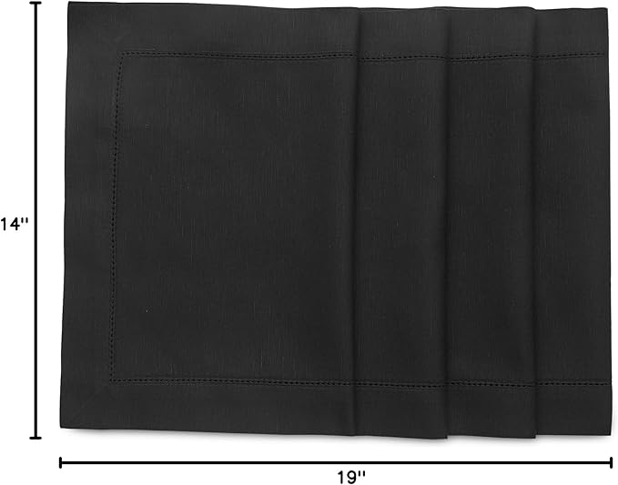 Solino Home Black Placemats Set of 4 - Cotton Linen Hemstitch Placemats 14 x 19 Inch for Winter, Holiday, New Year