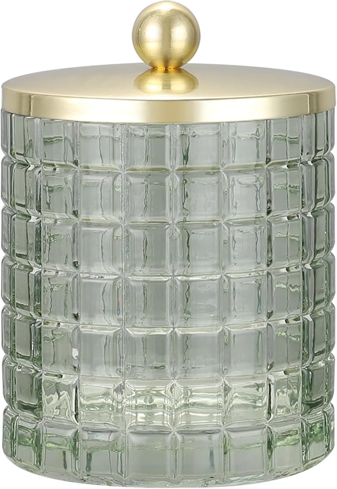 Sage Colored Tranlucent Apothecary Etched Geometric Grid Glass Jar W/Gold Metal Lid Cover for Bathroom Organization, Cotton Balls, Q Tips, and Small Accessories, Bathroom Storage