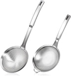 2 Pcs Large Holes Slotted Colander Frying Spoon Set With Handle, Fine Mesh Stainless Steel Sieve Food Strainer, Spider Strainer Skimmer, Handheld For Kitchen Cooking Tool