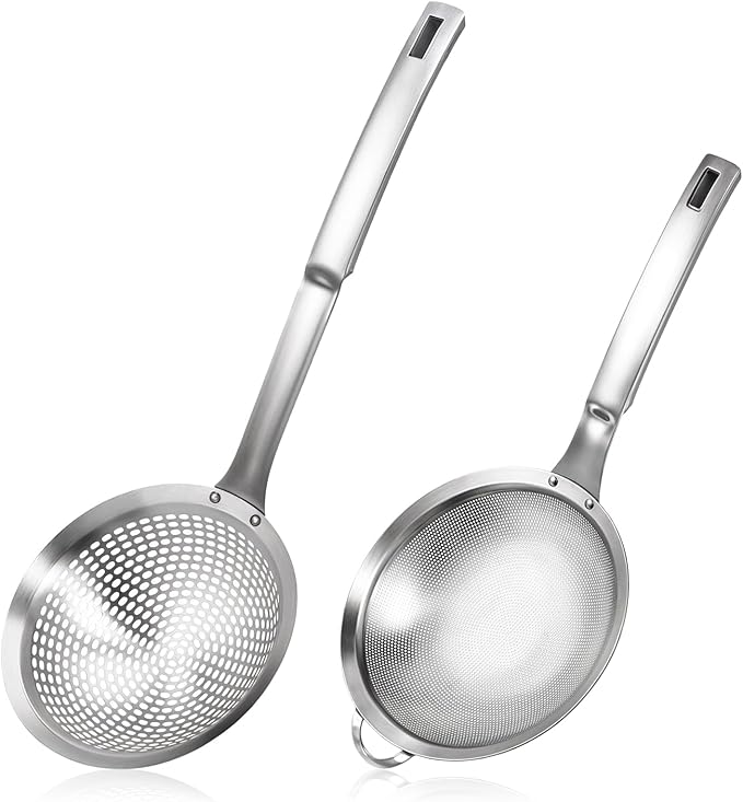 2 Pcs Large Holes Slotted Colander Frying Spoon Set With Handle, Fine Mesh Stainless Steel Sieve Food Strainer, Spider Strainer Skimmer, Handheld For Kitchen Cooking Tool