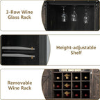 55 Inch Farmhouse Coffee Bar Cabinet with 3-Tier Enclosed Storage Cabinet, Kitchen Hutch with 12 Wine Racks & 3 Glass Holders, Coffee Bar with 6 Hooks, Wood Furniture for Dining Living Room, Oak