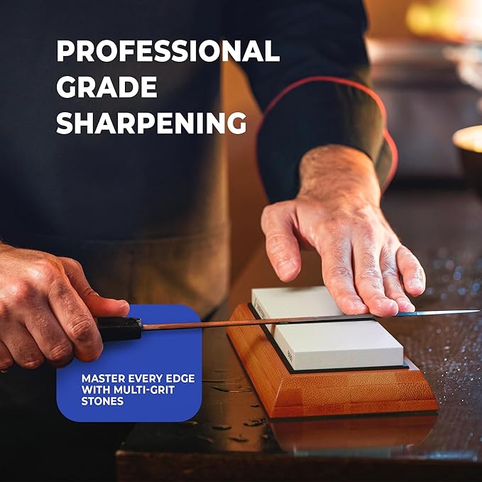 Sharp Pebble Knife Sharpening Stones Kit -Grits 400/1000/6000 Extra Large Whetstone- Wet Stone Knives Sharpener Set with NonSlip Bamboo Base & Flattening Stone