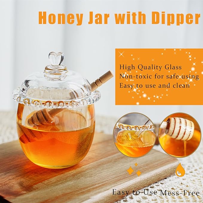 kanpura Honey Pot with Dipper and Lid, 6oz Mini Glass Honey Jar, Crystal Syrup Dispenser for Christmas Home Kitchen Decor