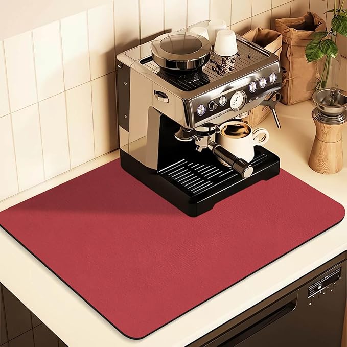Coffee Mat for Countertops ,Coffee Bar Accessories Fit Under Coffee Maker Espresso Machine, Absorbent Hide Stain Rubber Mat for Countertop ,Dish Drying Mat for Kitchen Counter (Red, 16"x24")