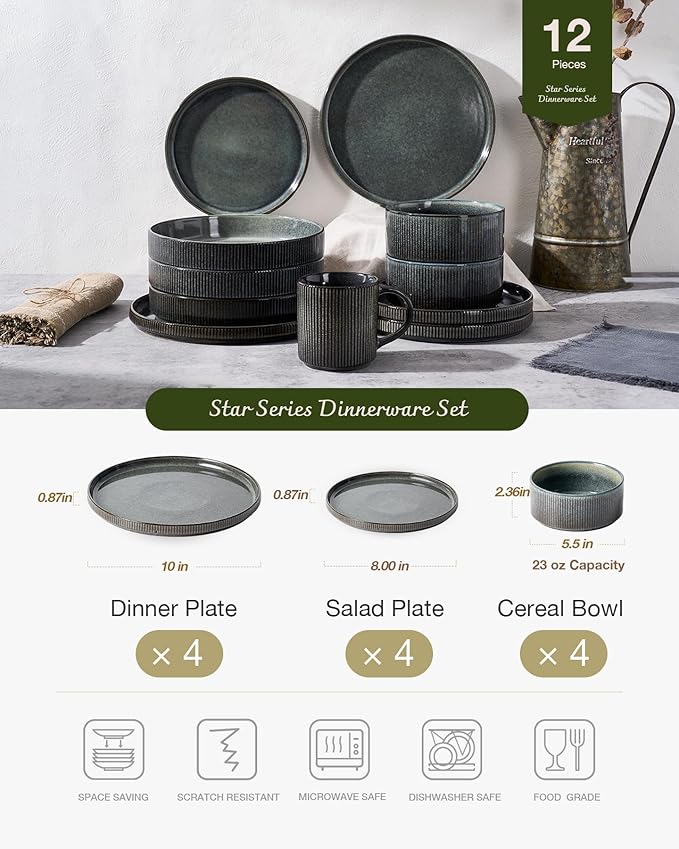Famiware Star 12-Piece Stoneware Dinnerware Sets for 4, Reactive Glaze Plates and Bowls, Modern Rustic Dishes for Everyday & Formal Use, Chip/Scratch Resistant, Microwave/Dishwasher Safe, Deep Forest