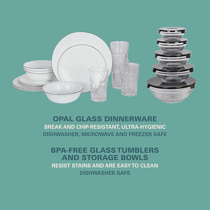 Gibson Home 74 Piece Kitchen in a Box Pots and Pans Cookware, Plates and Bowls Dinnerware, Cutlery Knife Block, Flatware Utensils, Tools & Gadgets, Storage, Glasses Set