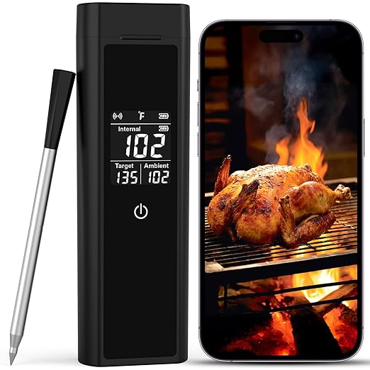 Wireless Meat Thermometer Bluetooth Digital, Smart Meat Thermometer with Booster Base, IP67 Waterproof Probe, ±1.8°F Accuracy, 100m Range, Rechargeable BBQ Cooking Thermometer for Grill, Smoker Black