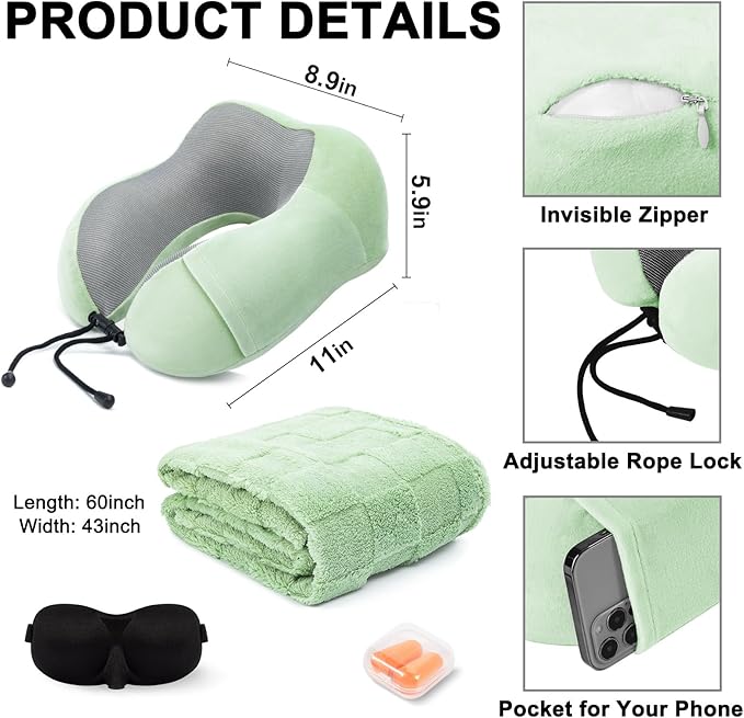 urnexttour Travel Pillow and Blanket Set Neck Pillows Soft Blankets with Sleep Mask Travel Essentials for Airplane Car Memory Foam Sage Green