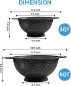 2PCS Black Colander for Kitchen, 3QT and 5QT, Stainless Steel Pasta Strainer with Handle, Pasta Strainer for Fruits Vegetables Cooking Food, Dishwasher Safe