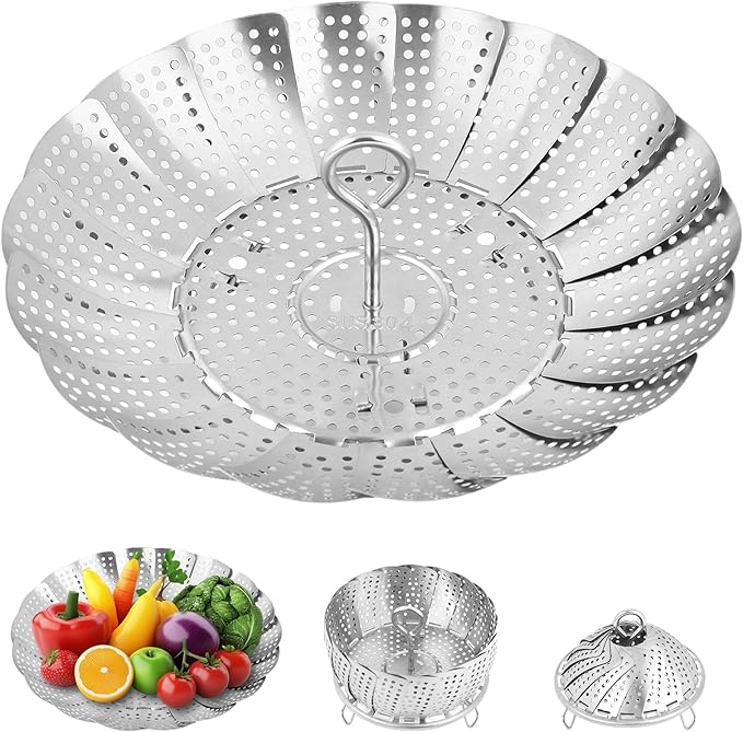 Steamer Basket for Cooking – Premium 304 Stainless Steel Steamer Basket, 3rd Gen Folding Expandable Steamers, Suitable for Cookware Pot, Fit for Fish Vegetables Pasta Eggs (Medium (6.1“ to 10.43”))