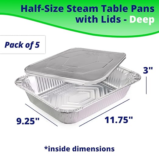 IDL Packaging Half-Size Aluminum Steam Table Pans with Lids - Deep, 13" x 11" x 3" (Pack of 5) - Disposable Foil Pan for Grilling, Roasting, BBQ, Cooking, Baking, Freezing