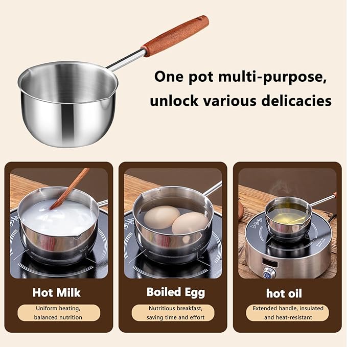 0.4 QT Chocolate melting pot, small pan, sauce pan,stainless steel with pouring port and wooden handle, used for melting chocolate and heating milk,butter warmer