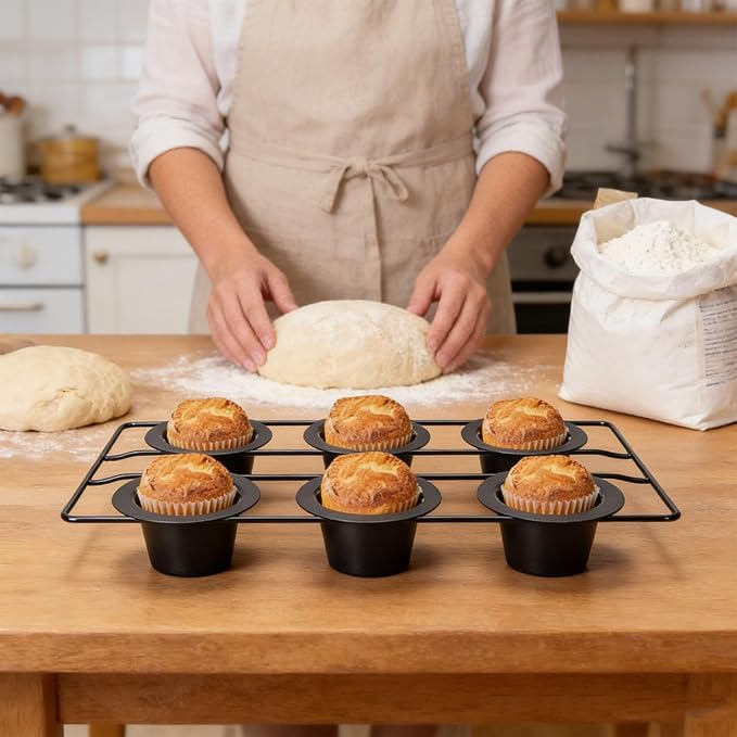 VBESTLIFE 6 Cup Popover Pan, Non Stick Carbon Steel Bakeware for Muffins and Popovers, with Wire Rack for Even Baking and Easy Cleanup