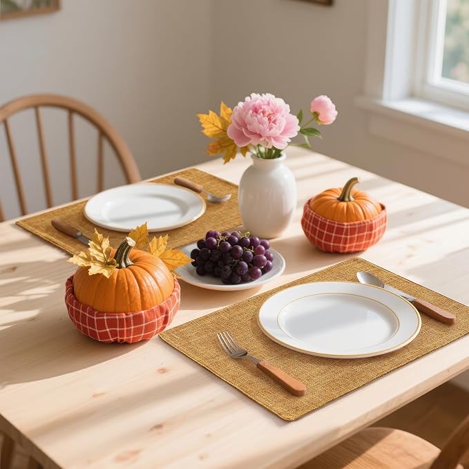 Homaxy Cloths Placemats for Dining Table Set of 8, Heat Resistant Washable Cotton Linen Blend Table Mats, Ideal for Kitchen Party Dining Decoration, 13" x 19", Amber