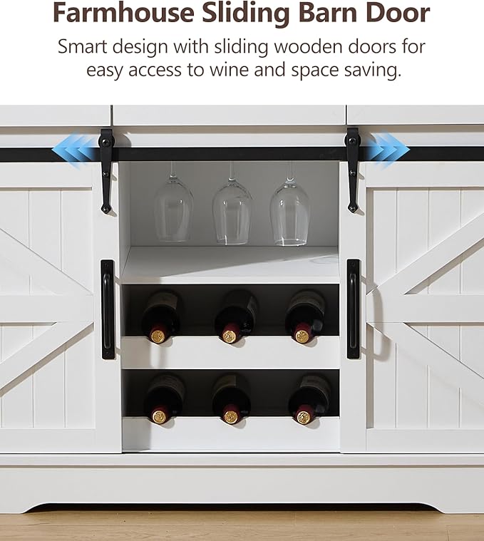 Kmax Farmhouse Wine Bar Cabinet w, 54” Buffet Cabinet with Storage, Rustic White Coffee Bar Cabinet with Sliding Barn Doors, Wine/Glass Rack & 3 Drawers for Living, Dining Room, Brown Top