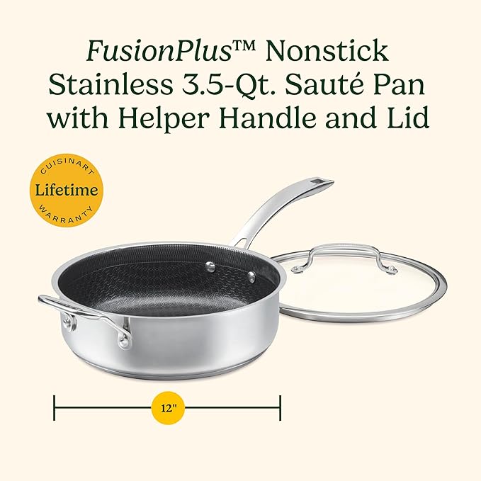 Cuisinart FusionPlus Hybrid Nonstick Stainless Steel Cookware, 3.5-Quart Sauté Pan with Cover and Helper, PFAS-Free PURELYSEAR Ceramic Technology, Scratch Proof, Cool Grip Handles, Dishwasher Safe