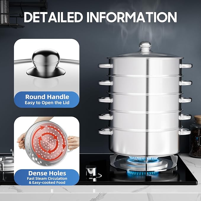 5 Tier Steamer Pot, Stackable Kitchen Steamer with One Piece Bottom Clear Visible Lid Large Capacity and Anti-Scald Handles Detachable Combination Storage Stainless Steel Steamers Pot for Dumplings Etc