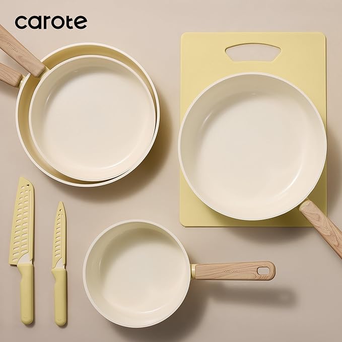 CAROTE 24pcs Ceramic Cookware Set, Pots and Pans Non Stick Kitchen Cookware Sets, Pots and Pans Set Cooking Set with Knife Set