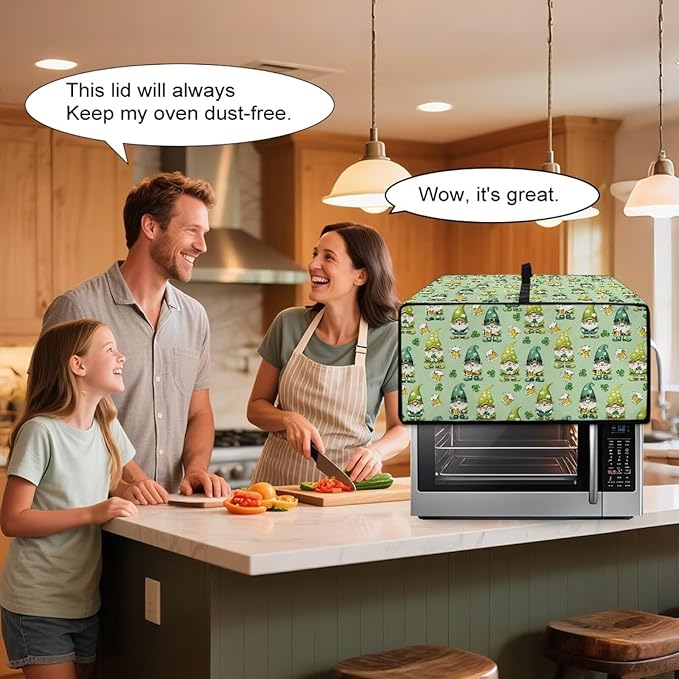 St. Patrick's Day Gnome Print Toaster Oven Cover, Clover Beer Pattern Anti Scratch Microwave Cover for Kitchen Countertop Appliance Dust Protector Decorative Oven Accessories, Green, L