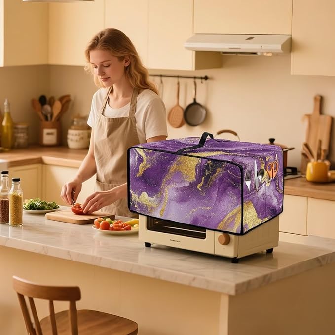Marble Print Toaster Oven Cover, Dust-proof Heavy Duty Toaster Oven Cover for kitchen, Air Fryer with Accessory Pockets, Gold Violet, (Medium-16.1*19.71*10 inches)
