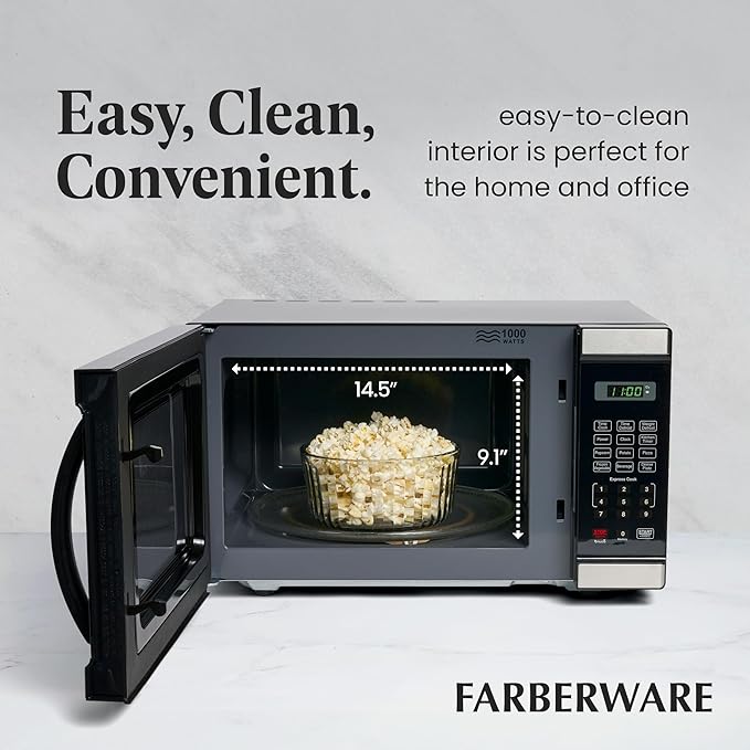 Farberware 1.1 Cu. Ft. Countertop Microwave Oven – 1000 Watt Power, Auto Cook Settings, Defrost, Easy Clean and Child Safety Lock - Stainless