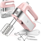 Hand Mixer Electric, 450W Kitchen Mixers with Scale Cup Storage Case, Turbo Boost/Self-Control Speed + 5 Speed + Eject Button + 5 Stainless Steel Accessories, For Easy Whipping Dough, Cream, Pink